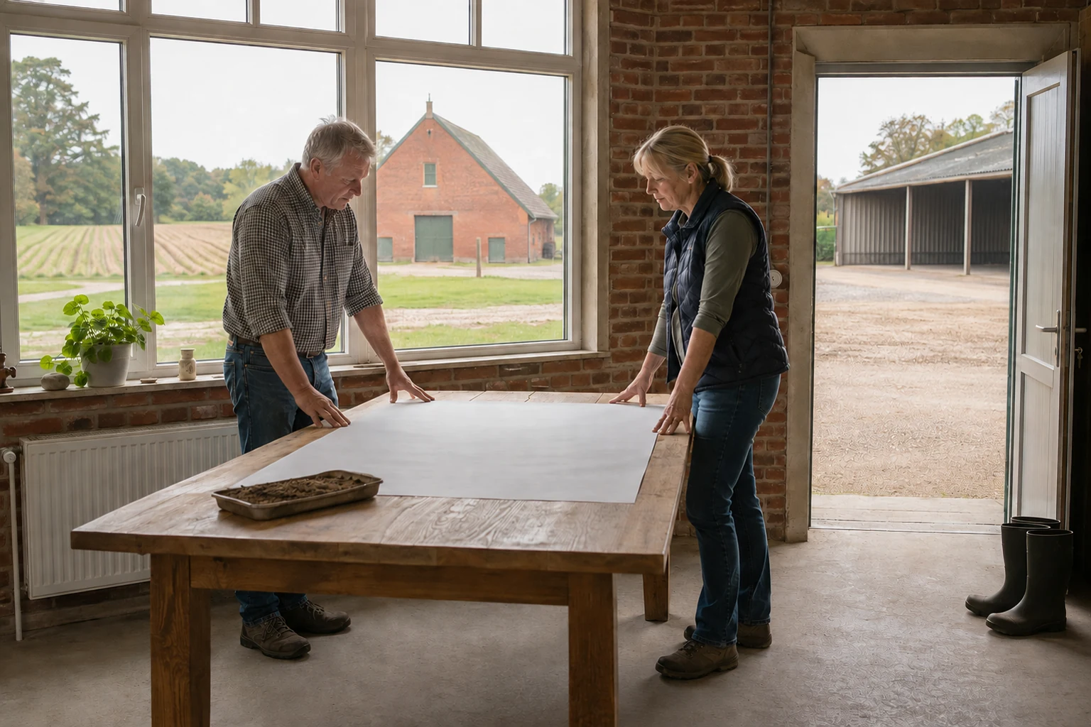 Betriebsinhaber besprechen den Verkauf eines landwirtschaftlichen Vollerwerbsbetriebs